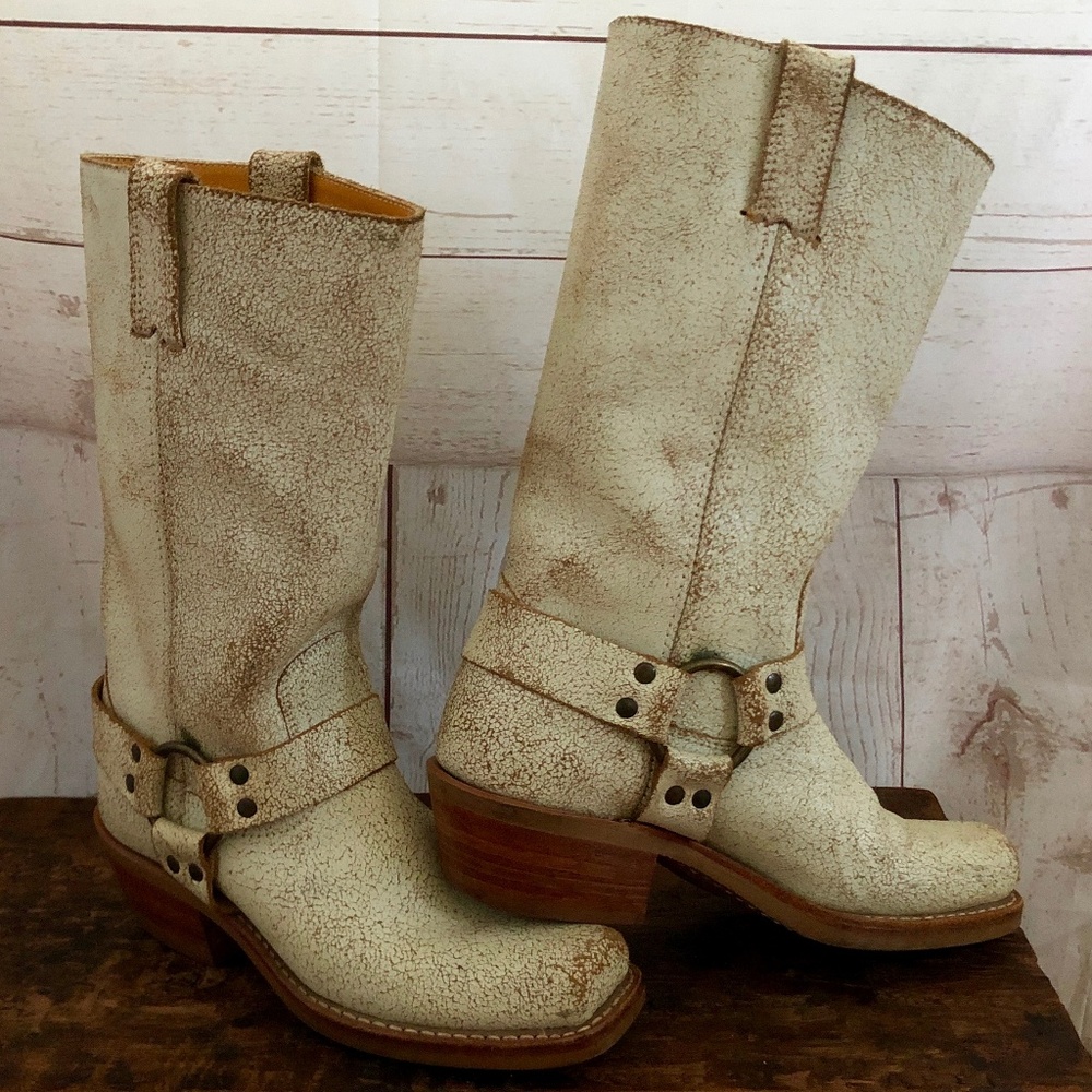 Frye White Crackle Harness Moto boots